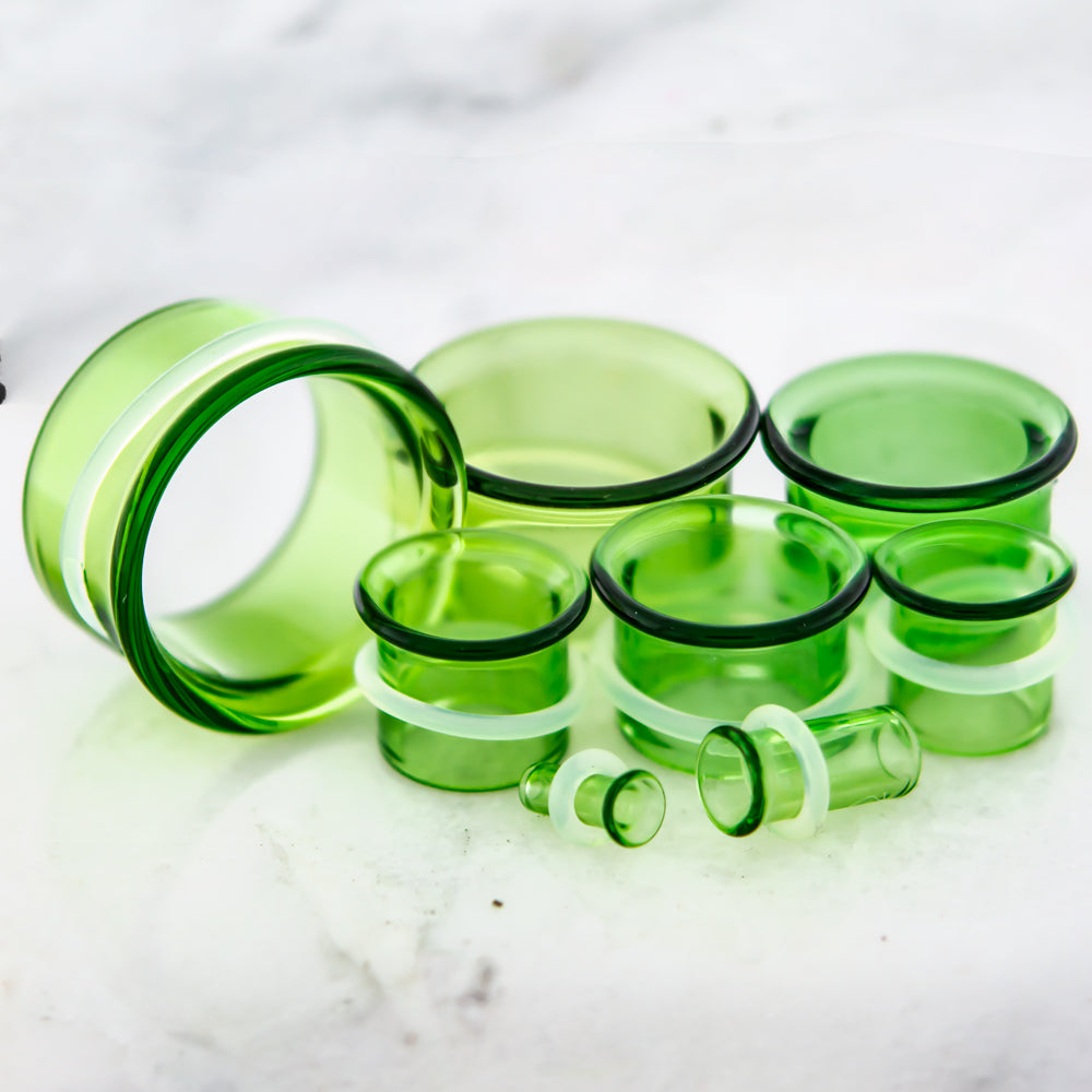 Pair Transparent Green Single Flare Tunnels - MM Glassworks